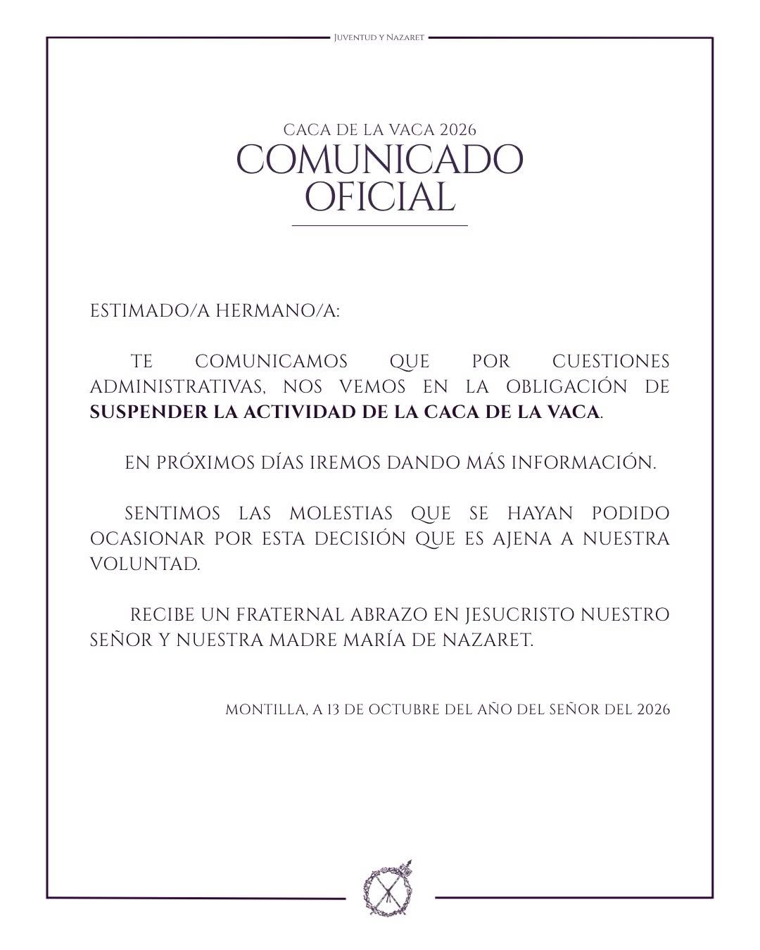 Comunicado oficial de suspensión de La Caca de la Vaca, fechado el 13 de octubre de 2026