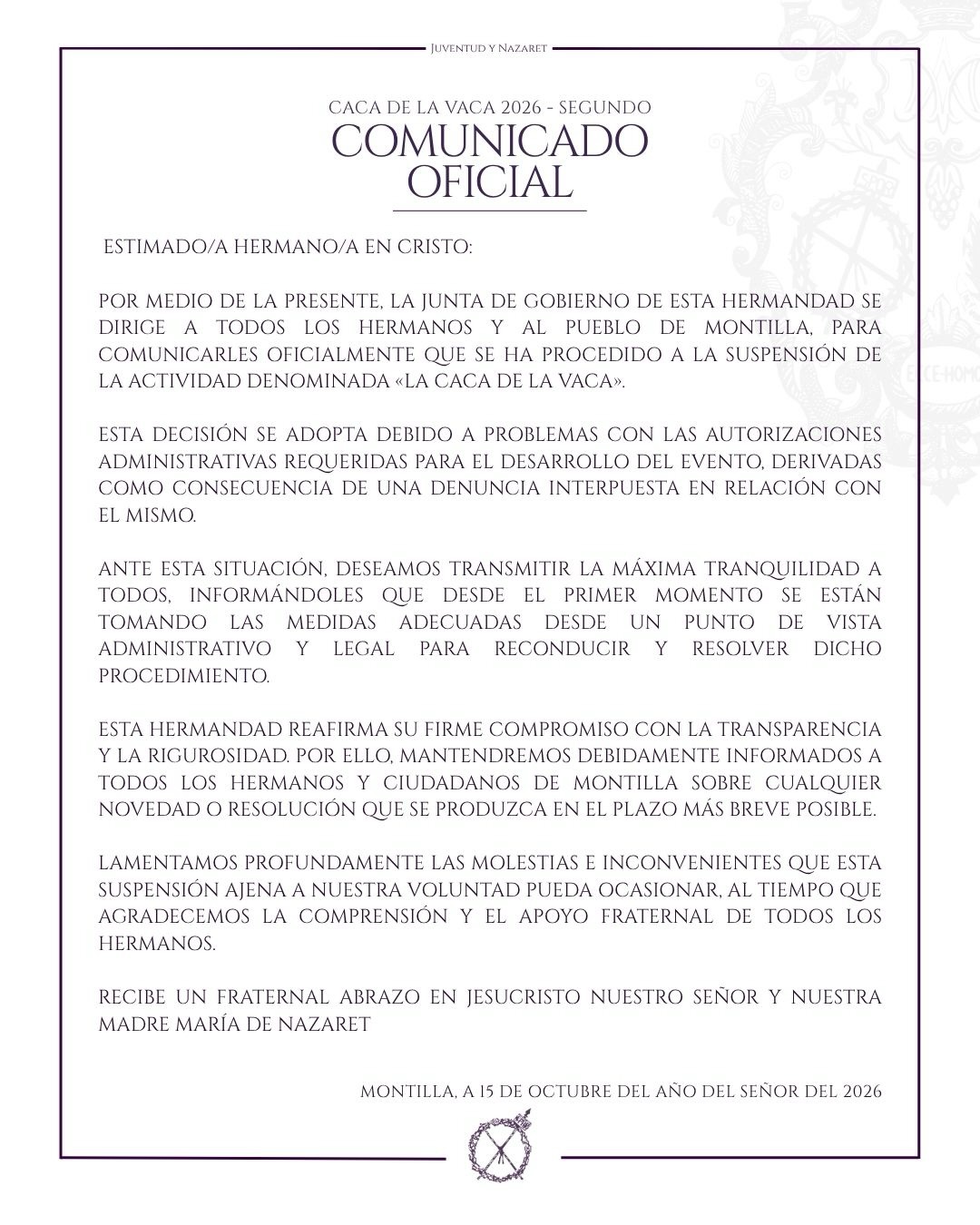 Segundo comunicado oficial, fechado el 15 de octubre de 2026